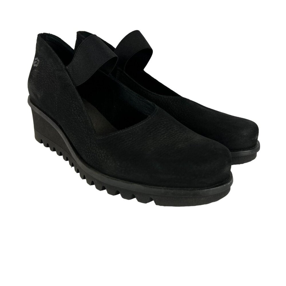 Loints Of Holland Maryjane Shoes Womens 41 9.5 10 Black Wedge Pebbled‎ Leather